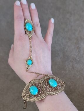 Gold-Tone Hand Chain Bracelet with Turquoise Cabochons